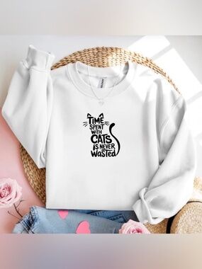Time Spent With Cats White Crewneck Sweatshirt Cat Lover Quote Shirt